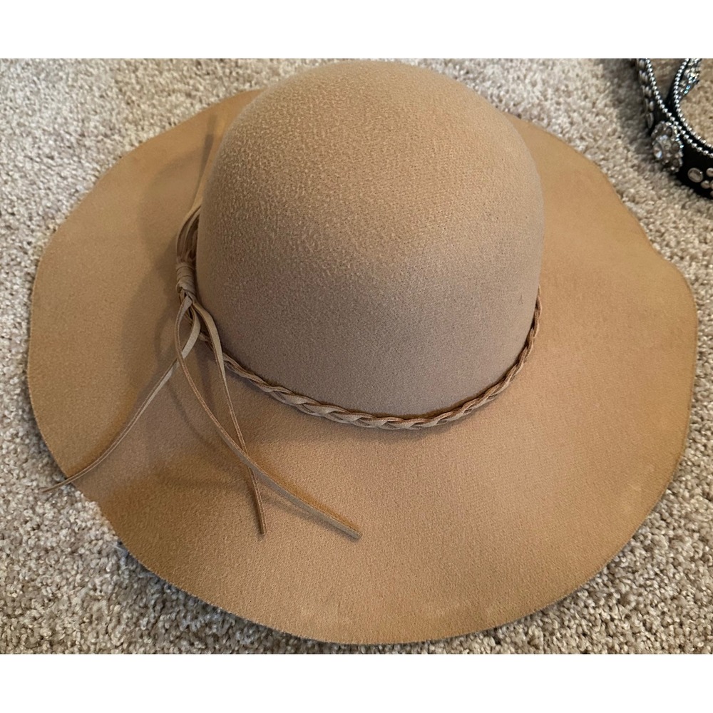 Womens Camel Brown Wide Brim Floppy Hat Braided Band Boho Felt Sun Hat